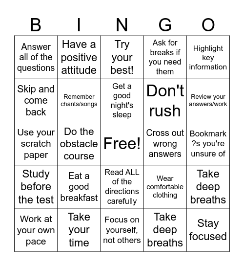 Test Taking Skills! Bingo Card