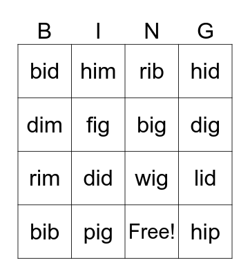 Short I Bingo Card