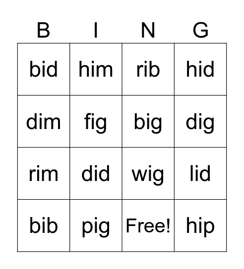 Short I Bingo Card