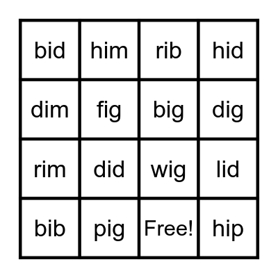 Short I Bingo Card