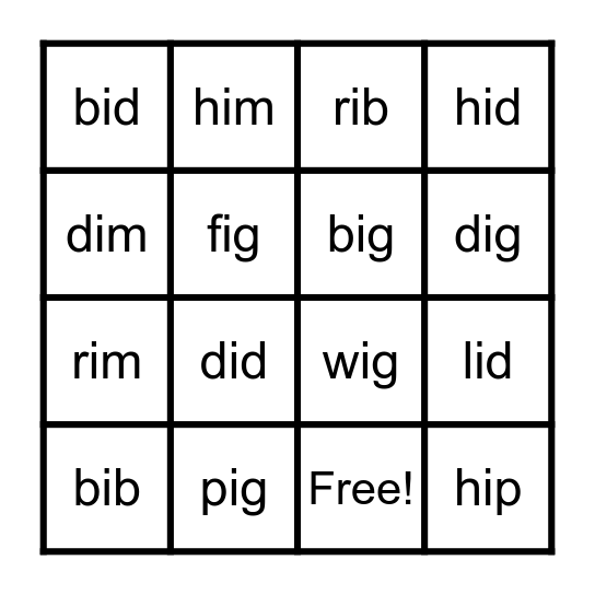 Short I Bingo Card