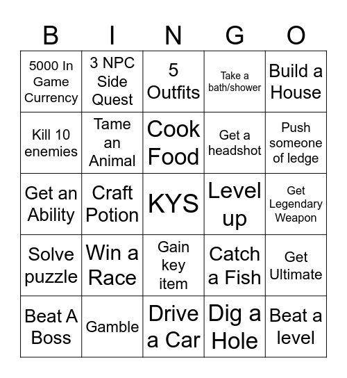 Video Game Bingo Card