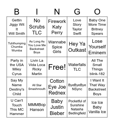90's/00's music Bingo Card