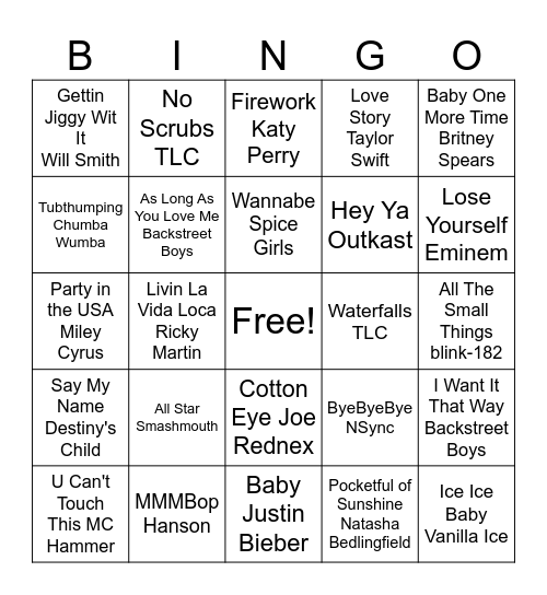 90's/00's music Bingo Card