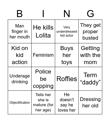 Lolita the movie Bingo Card