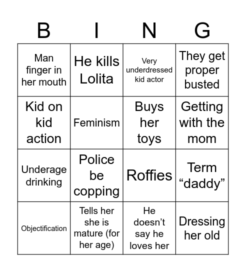 Lolita the movie Bingo Card