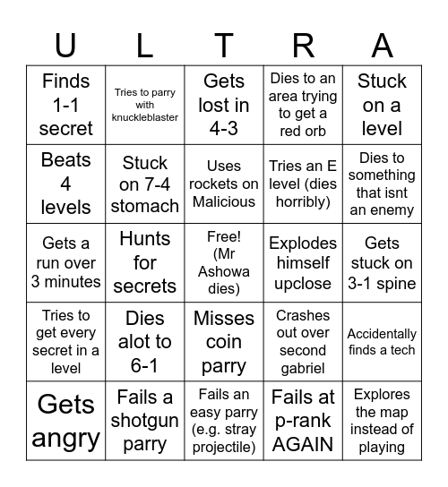 Mr Ashowa's Ultrakill Experience Bingo Card