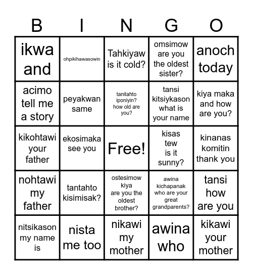 Cree Dialogue Bingo Card