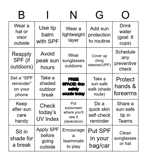 Sun Safety at Home Bingo Card