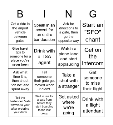 SFO Bar Crawl Bingo Card
