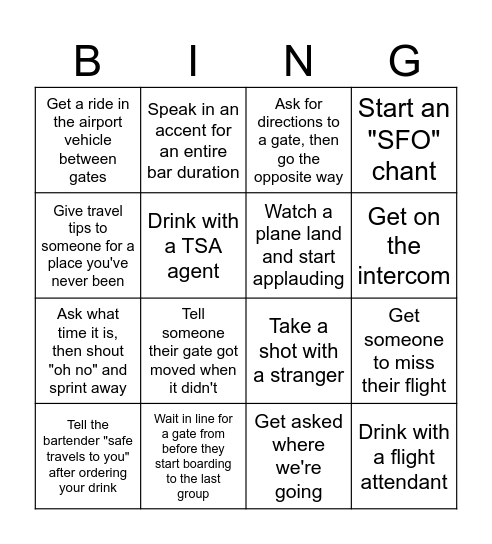 SFO Bar Crawl Bingo Card