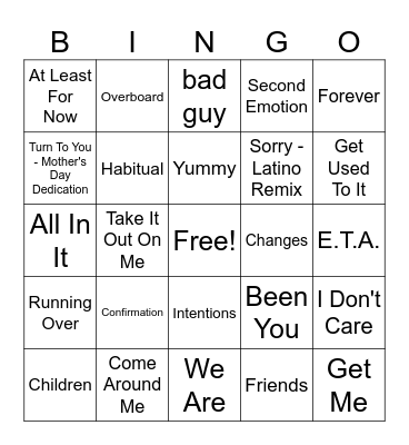 Bieber Fever Round 3 Bingo Card
