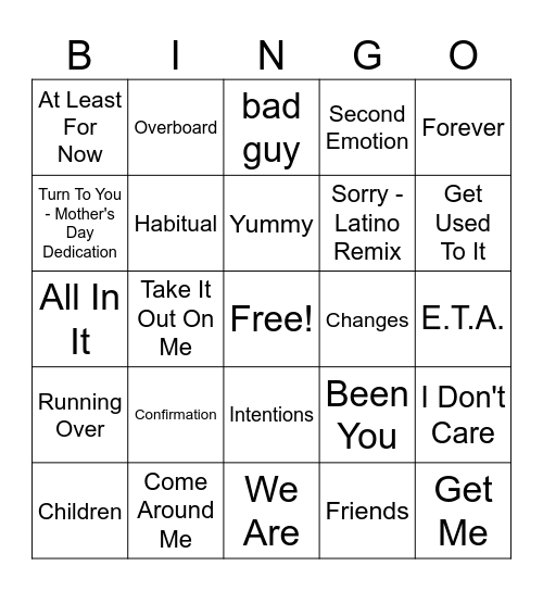 Bieber Fever Round 3 Bingo Card