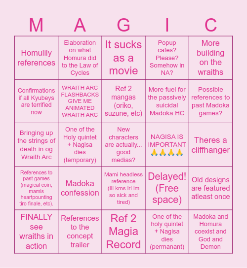 Asters Madoka Bingo Card