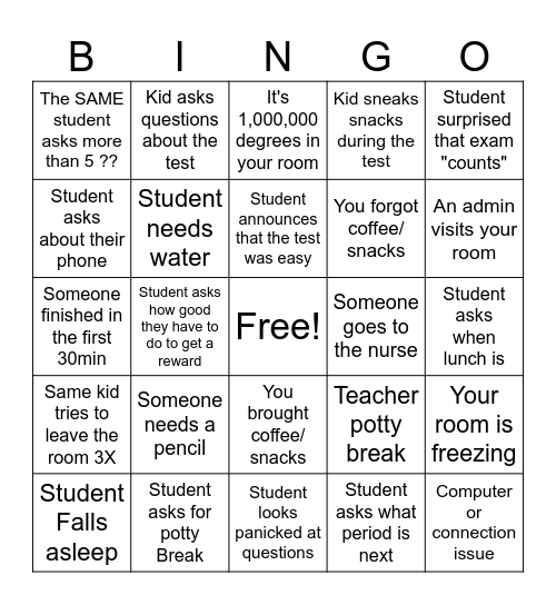Exam Proctoring Bingo Card