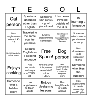 TESOL Bingo Card