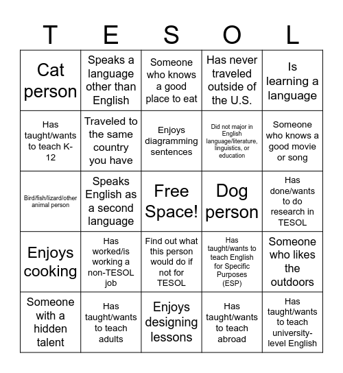 TESOL Bingo Card