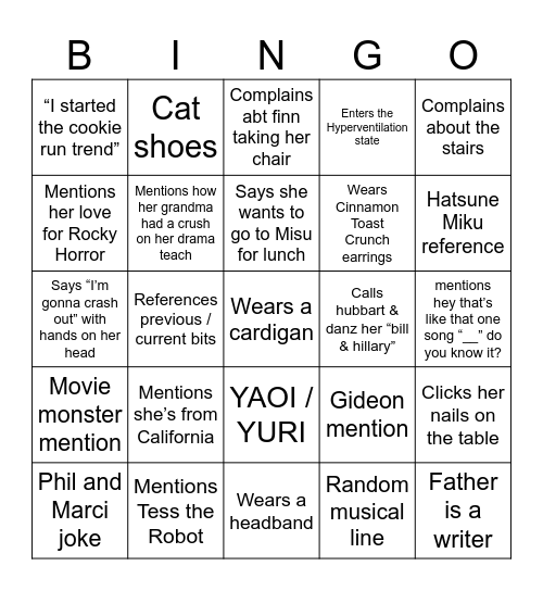 TESS CARD Bingo Card