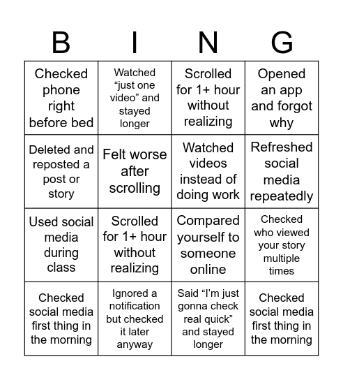 Social Media Bingo Card