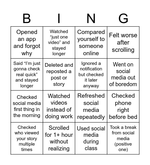 Social Media Bingo Card