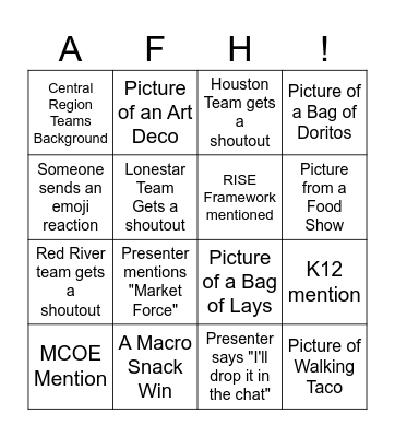 Central Region Bingo Card