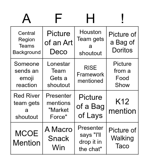 Central Region Bingo Card