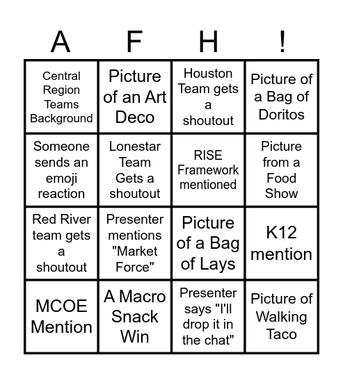 Central Region Bingo Card