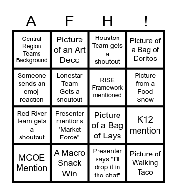 Central Region Bingo Card