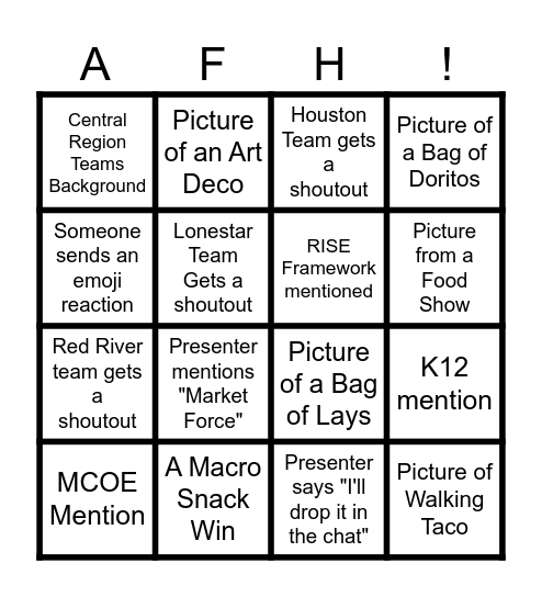Central Region Bingo Card