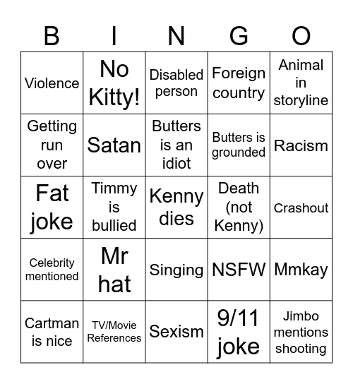 South Park Bingo Card