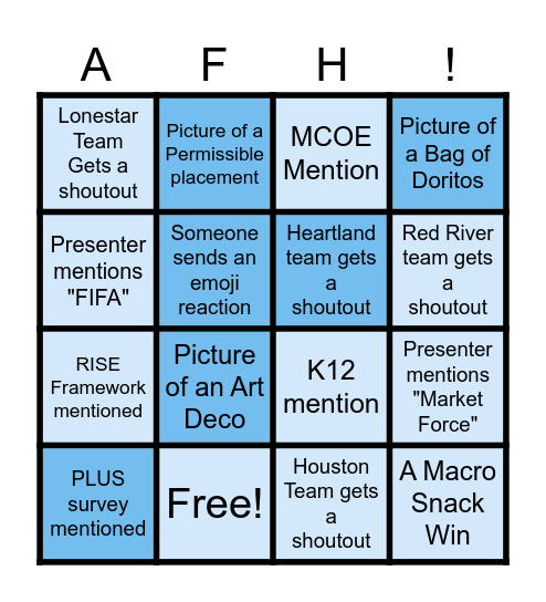 Central Region Bingo Card