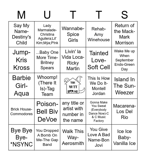 The Mutt House Music Bingo Card