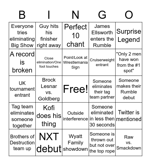ROYAL RUMBLE BINGO 2017 Bingo Card