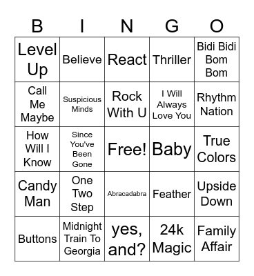 Pop Icon Bingo Card