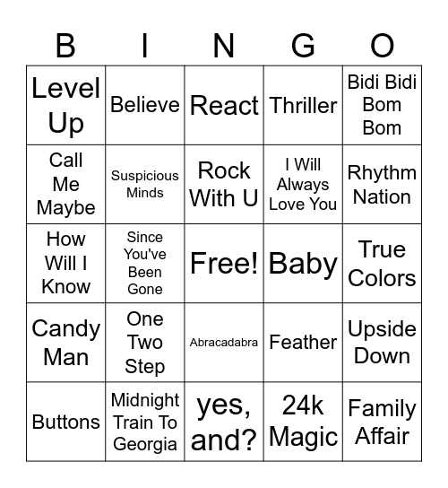 Pop Icon Bingo Card
