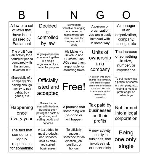 Business Structures Bingo Card