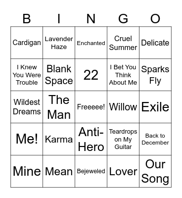 Taylor Swift Bingo Card