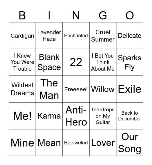 Taylor Swift Bingo Card