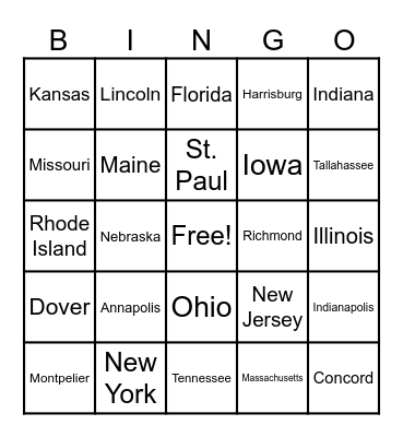 U.S. STATES AND CAPITALS Bingo Card