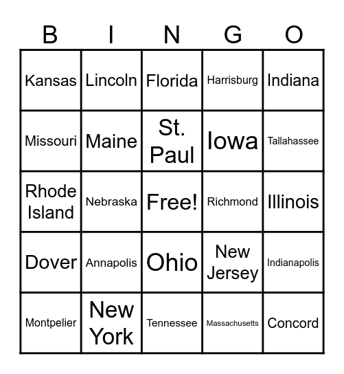 U.S. STATES AND CAPITALS Bingo Card