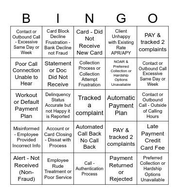 Complaints Bingo Card
