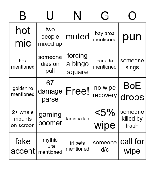RAID BONGO Bingo Card