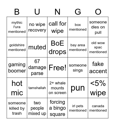 RAID BONGO Bingo Card