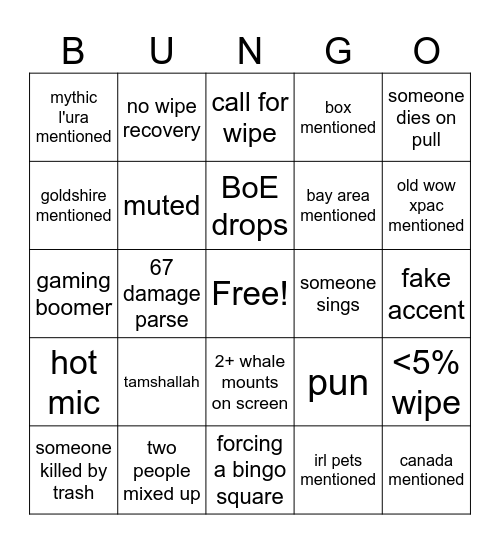 RAID BONGO Bingo Card