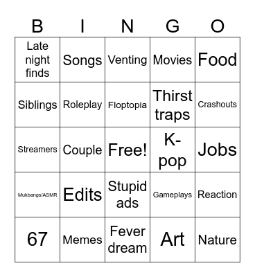 Ticktok fyp Bingo Card