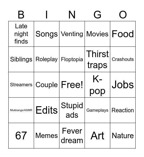Ticktok fyp Bingo Card
