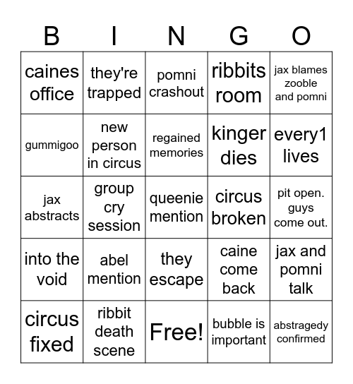 Digital Circus episode 9 Bingo Card