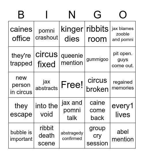 Digital Circus episode 9 Bingo Card