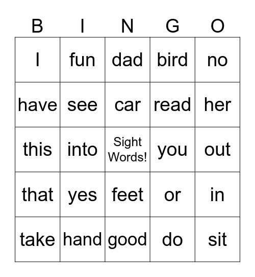 Sight Words Bingo Card