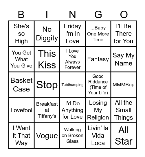 All Out 90's Bingo Card